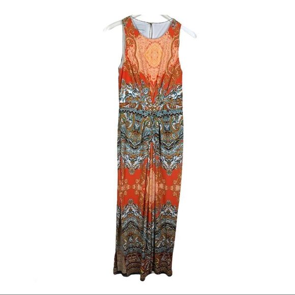 Donna Morgan Orange Print Sleeveless Boho Scarf Print Maxi Dress 6 - Picture 2 of 16